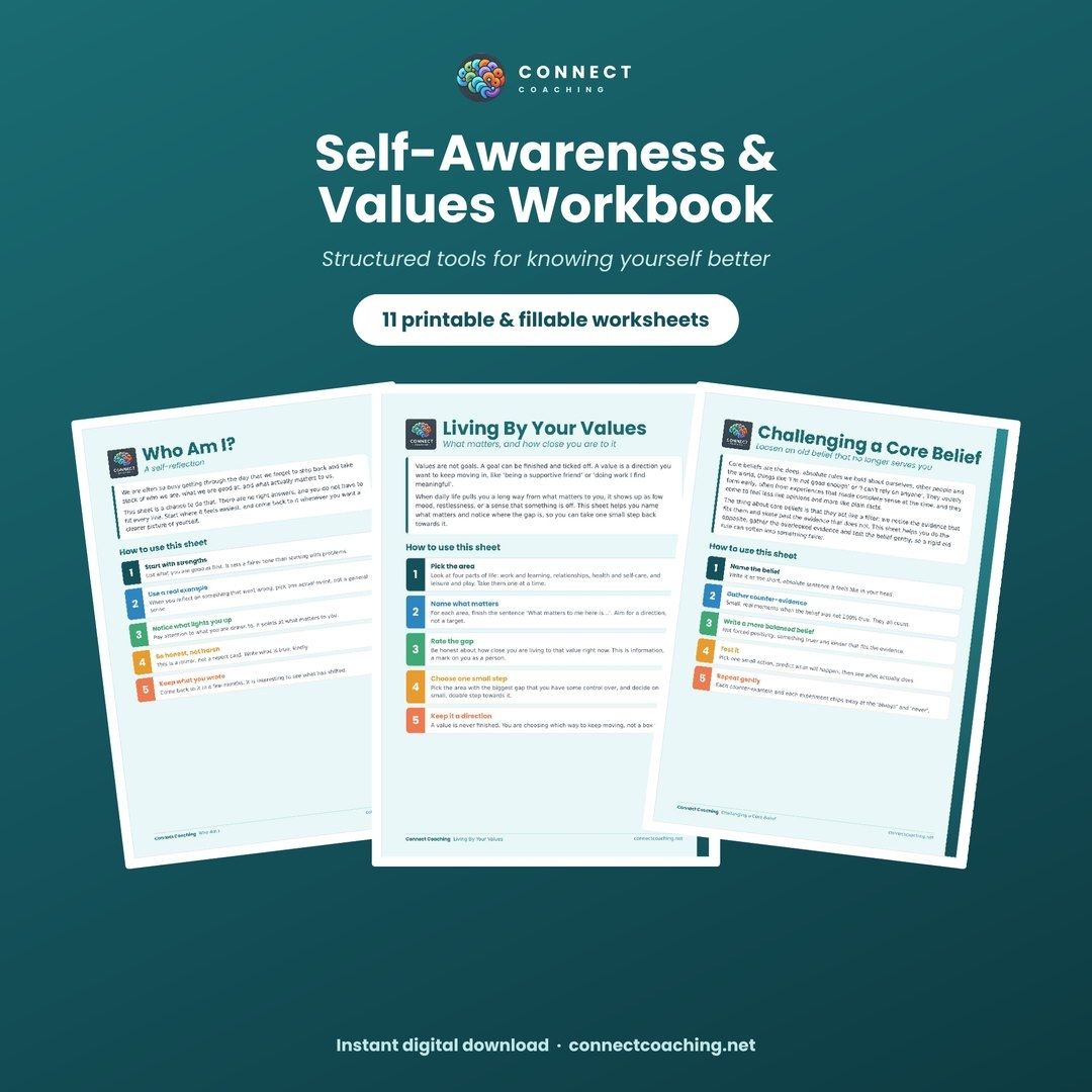 Self-Awareness and Values Workbook cover showing sample pages