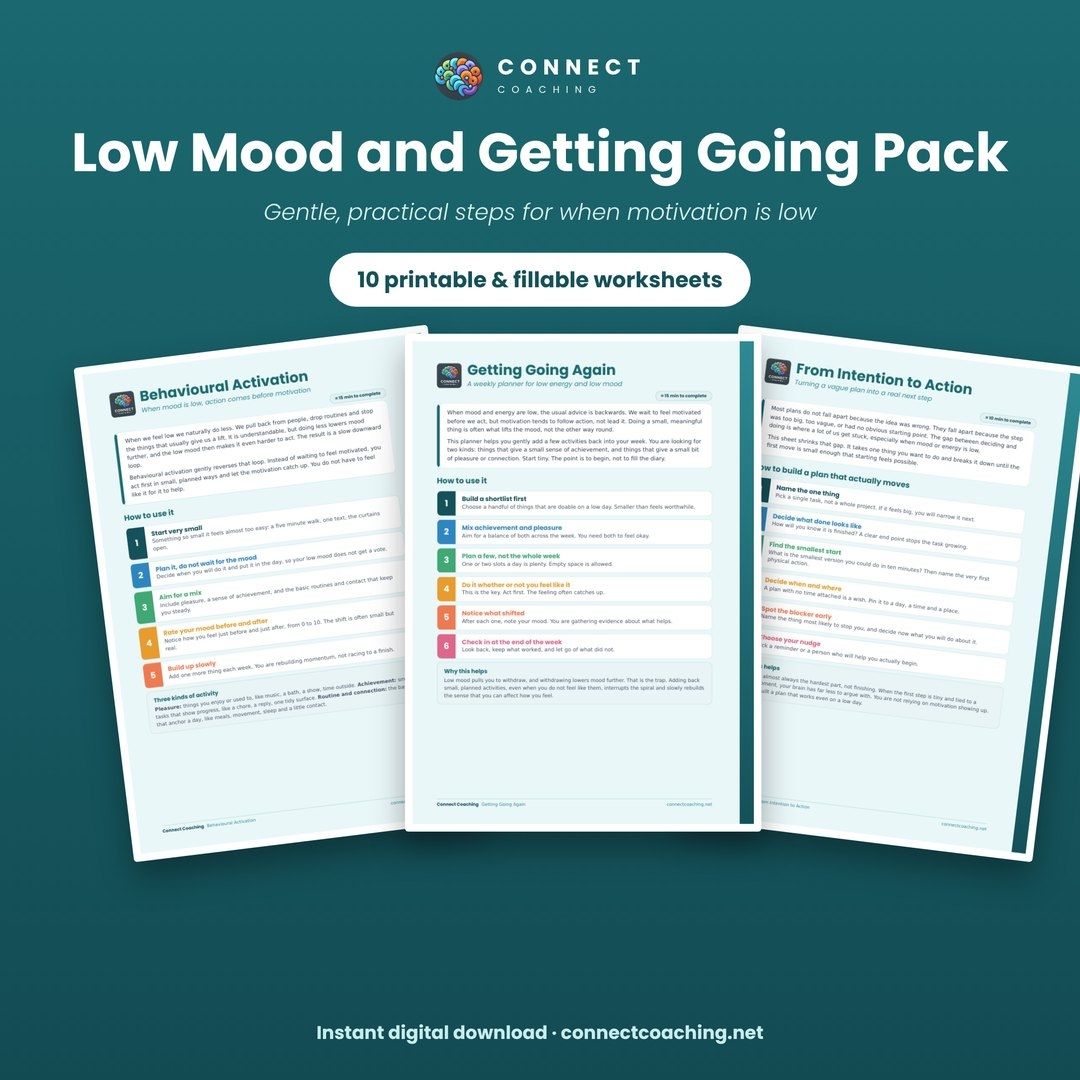Low Mood and Getting Going Pack cover showing sample pages