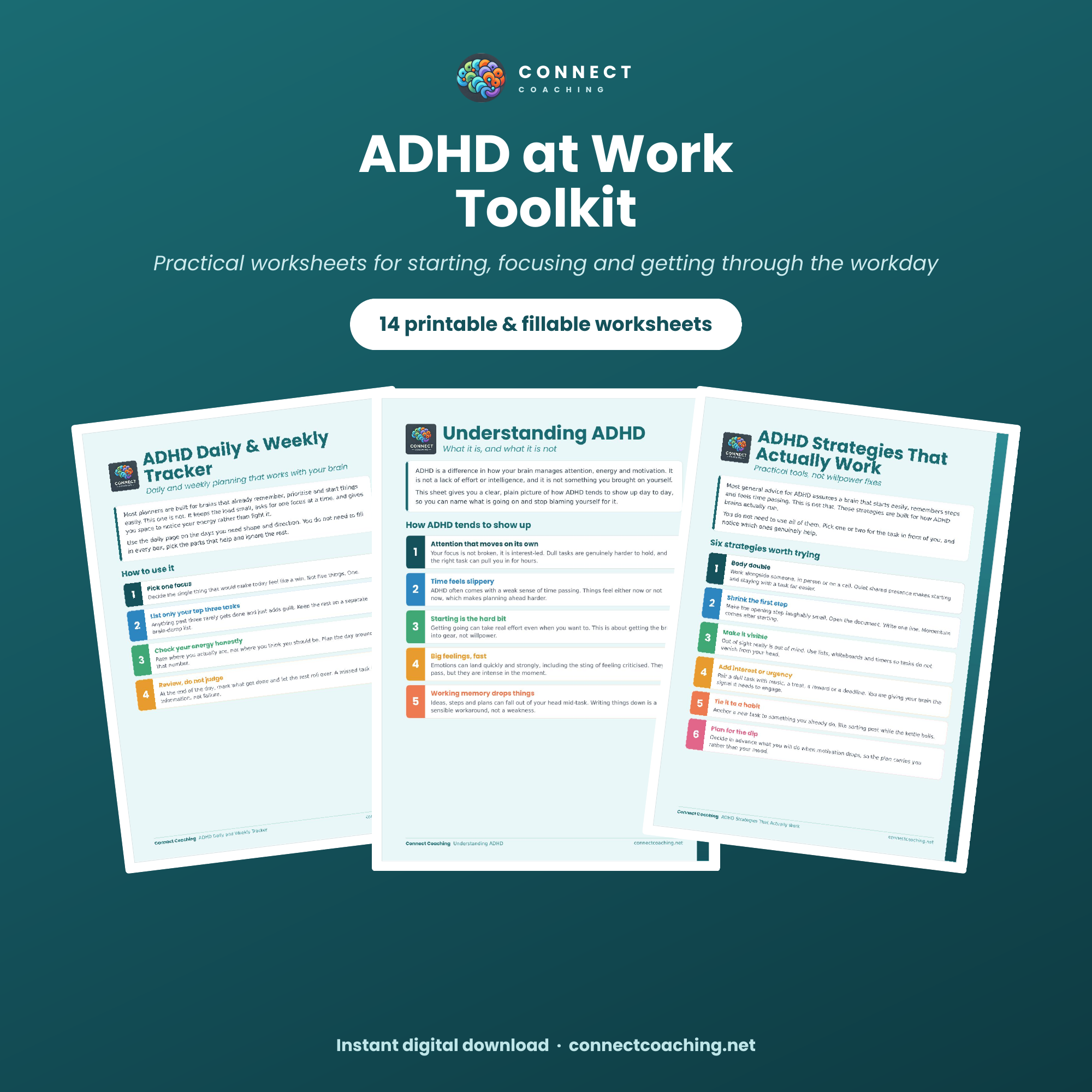 ADHD at Work Toolkit cover showing three of the worksheets: Daily and Weekly Tracker, Understanding ADHD, and ADHD Strategies That Actually Work