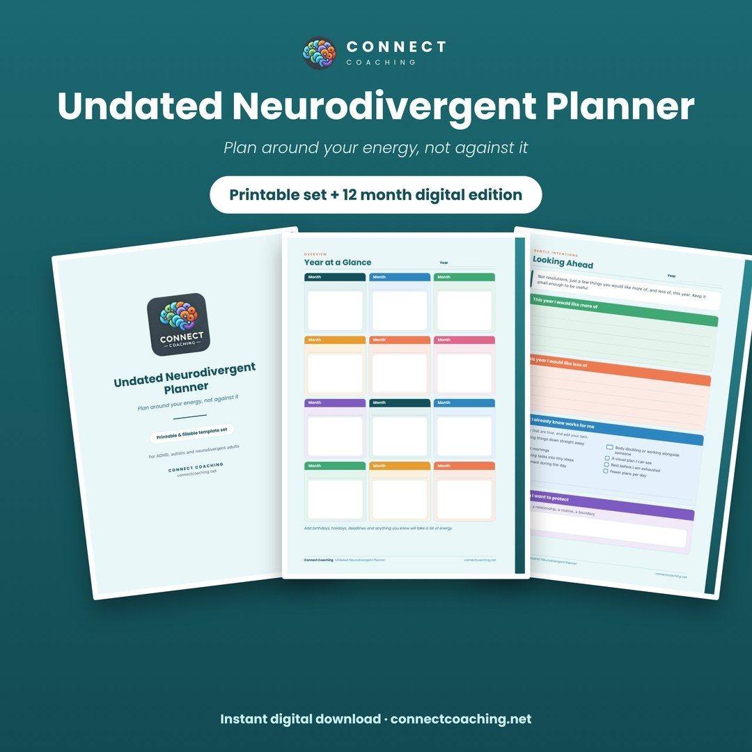 Undated Neurodivergent Planner cover showing sample pages