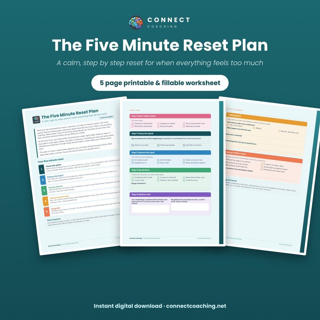 The Five Minute Reset Plan cover showing sample pages