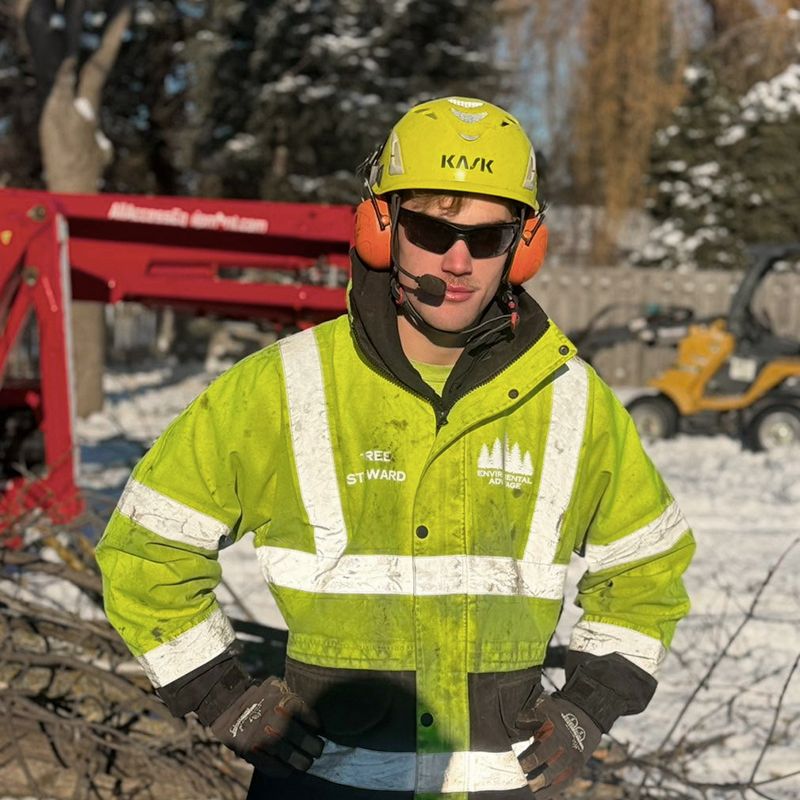 Garrett, tree steward at Environmental Advantage, performing professional tree pruning and removal services in Minnesota.