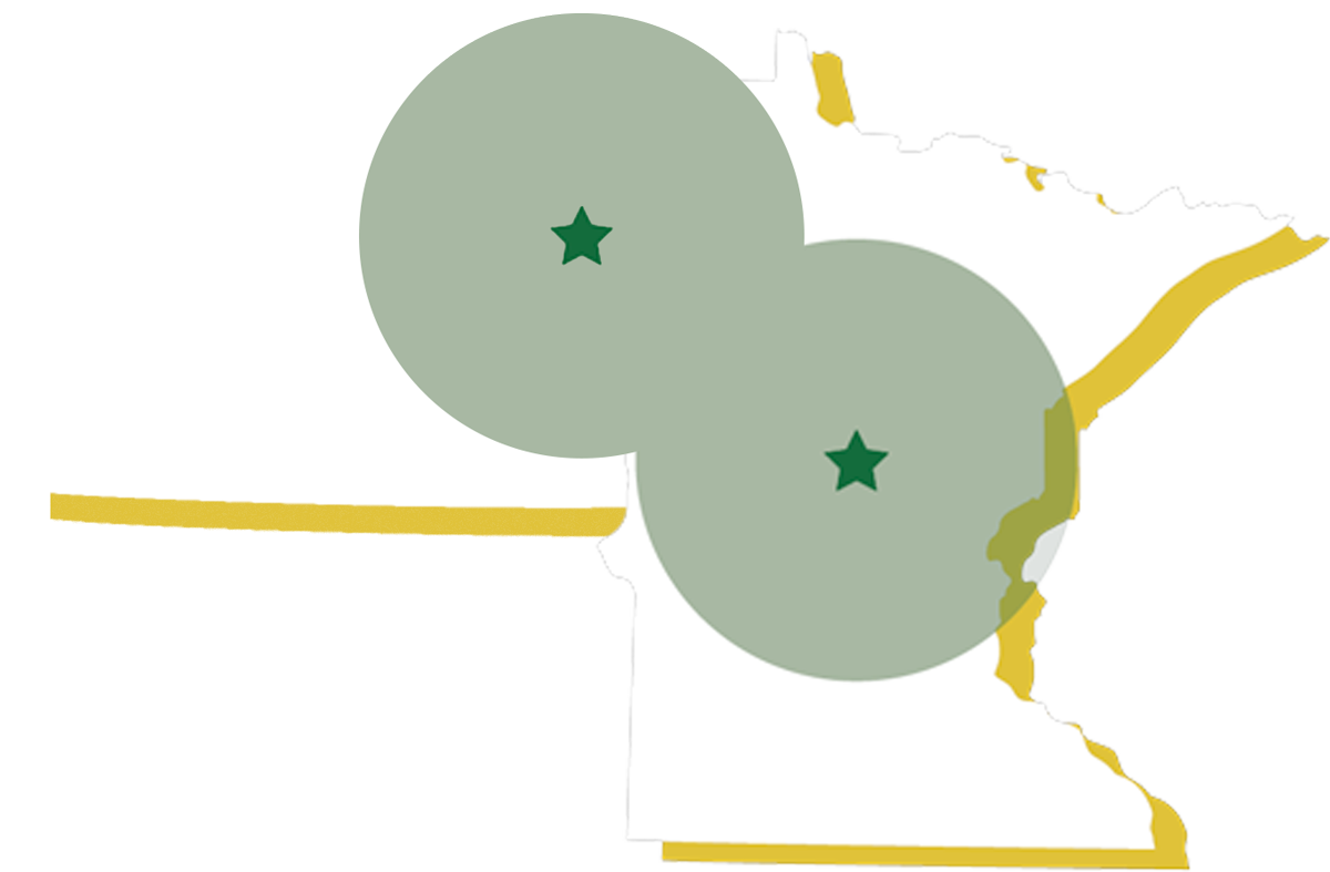 Map showing tree care service coverage areas centered around Grand Forks, North Dakota, and Central Minnesota with overlapping service zones.