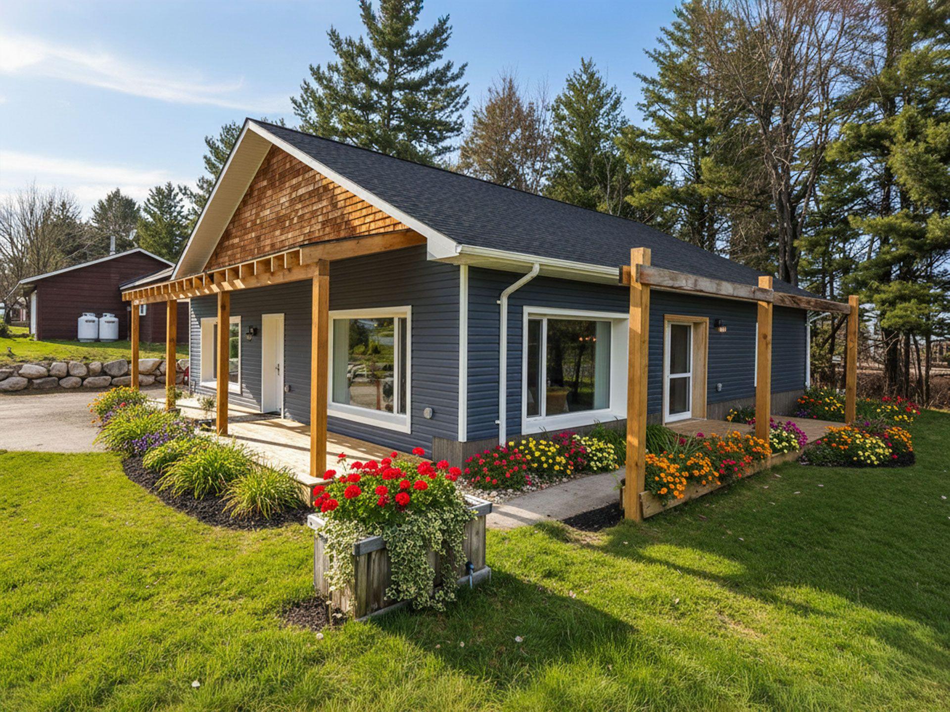 A completed Quantum home with blue siding, cedar gable and covered porch