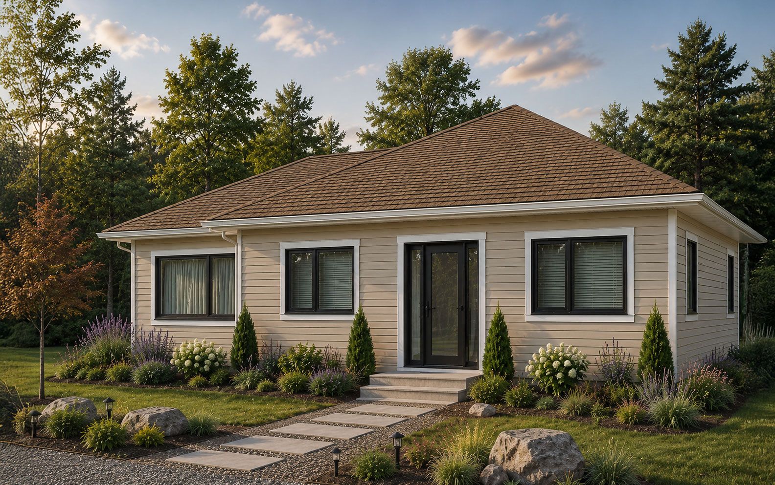 Front exterior of the Wood Lily energy efficient home with navy siding, cedar gable, covered porch and gravel driveway