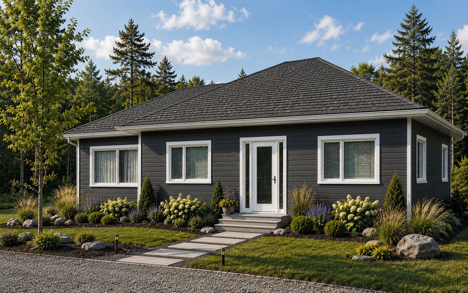 Side exterior of the Wood Lily net zero home with navy lap siding, cedar shingle gable and flower garden landscaping