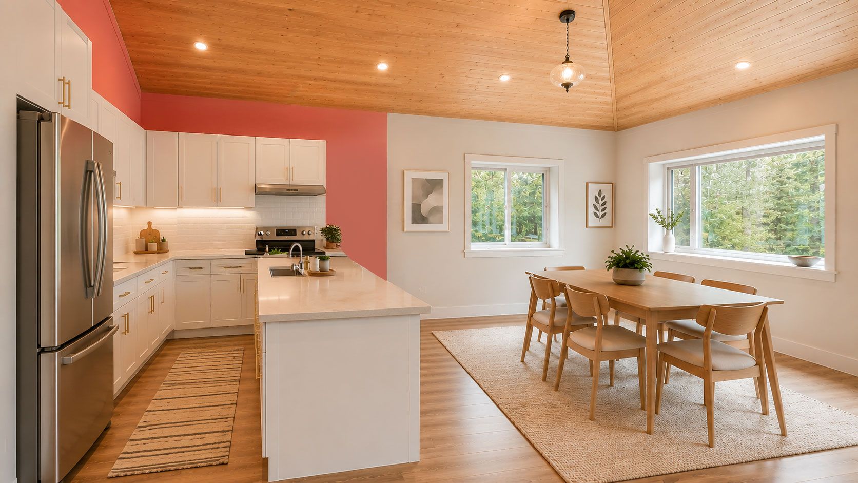 Open kitchen and dining area in the Wood Lily net zero home with wood cabinets, white island and large windows