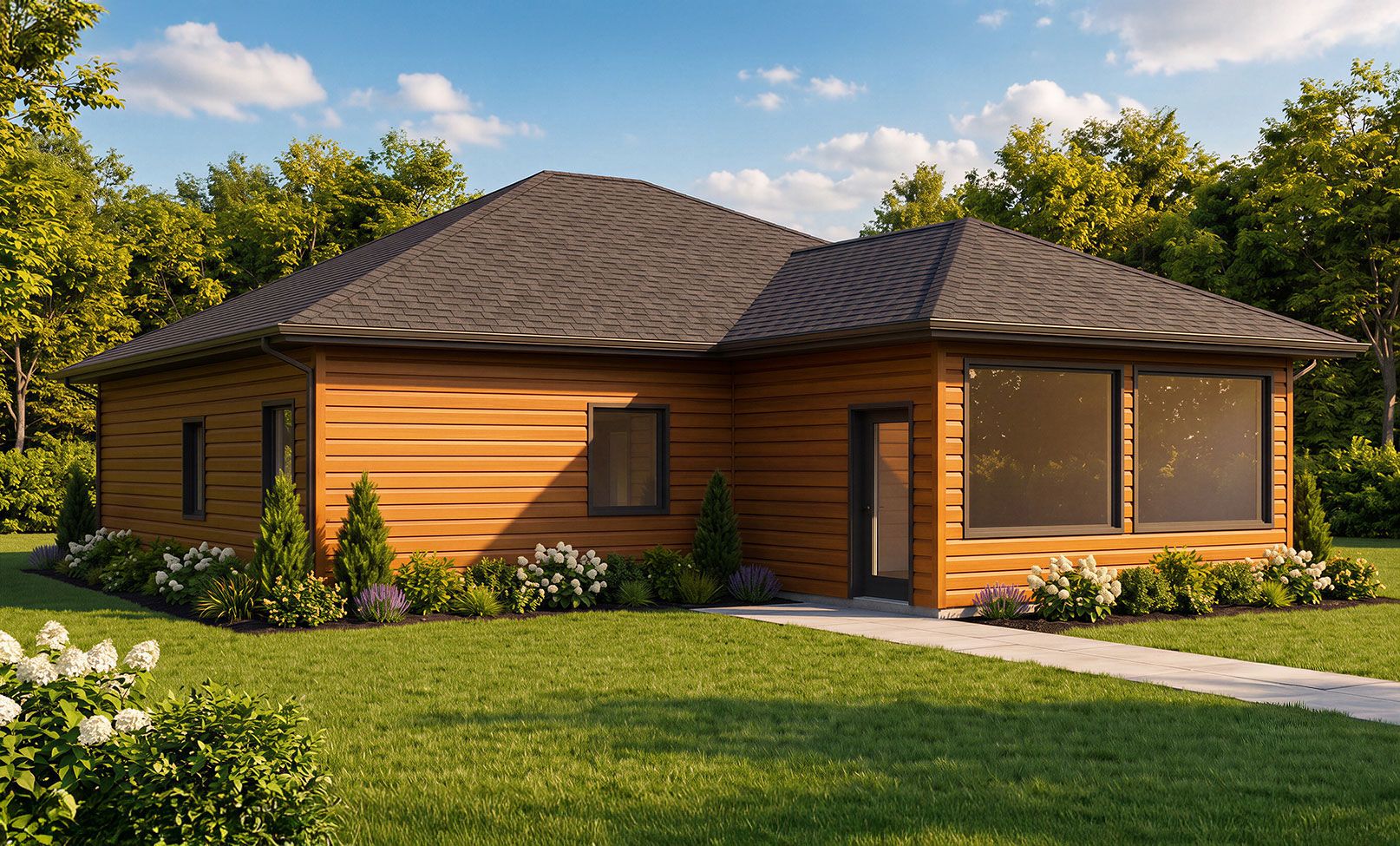 Side exterior of the Wood Lily net zero home with navy lap siding, cedar shingle gable and flower garden landscaping