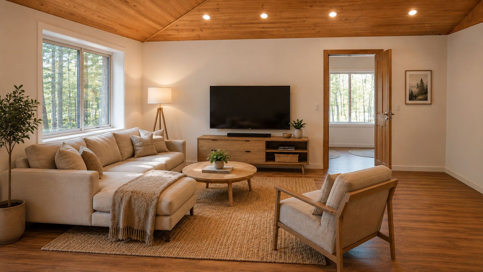 Bright living room in the Wood Lily prefab home with sofa, accent chairs and large windows letting in natural light