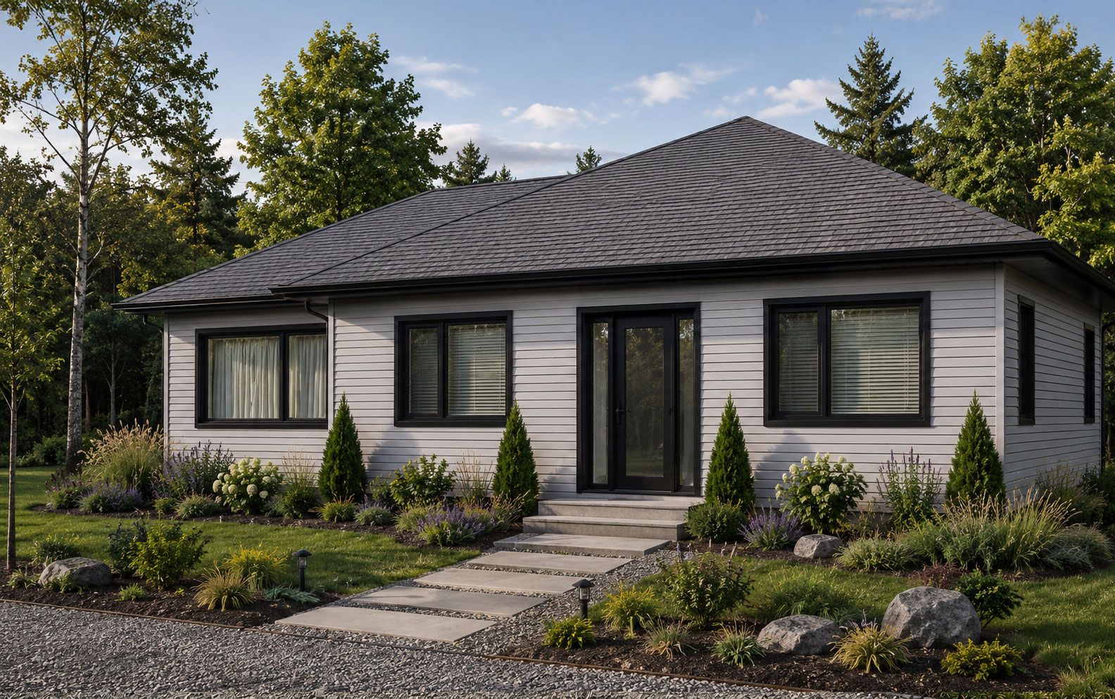 Covered porch of the Wood Lily prefab home with timber posts, large picture windows and a wood deck
