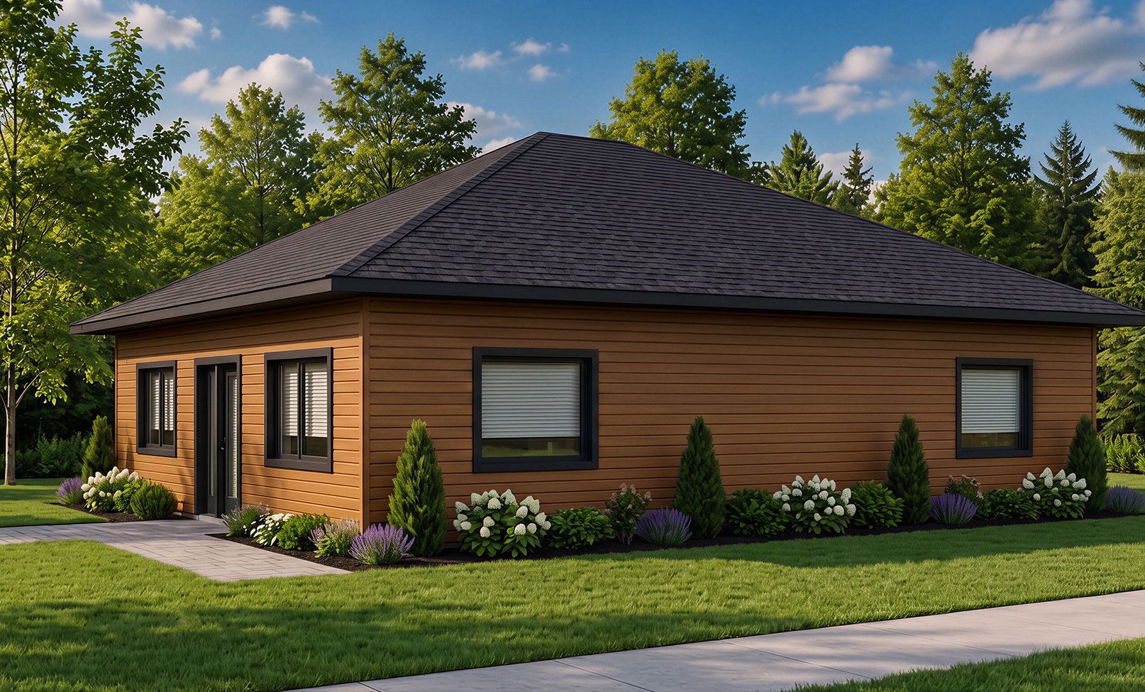 Covered porch of the Wood Lily prefab home with timber posts, large picture windows and a wood deck