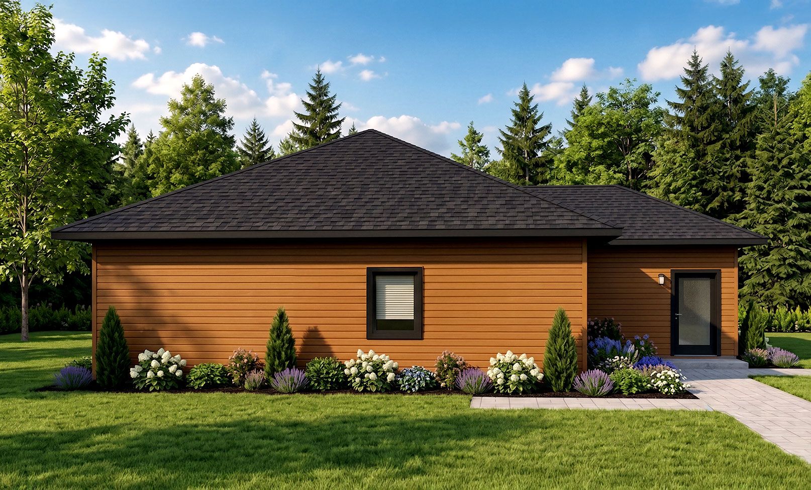 Front exterior of the Wood Lily energy efficient home with navy siding, cedar gable, covered porch and gravel driveway