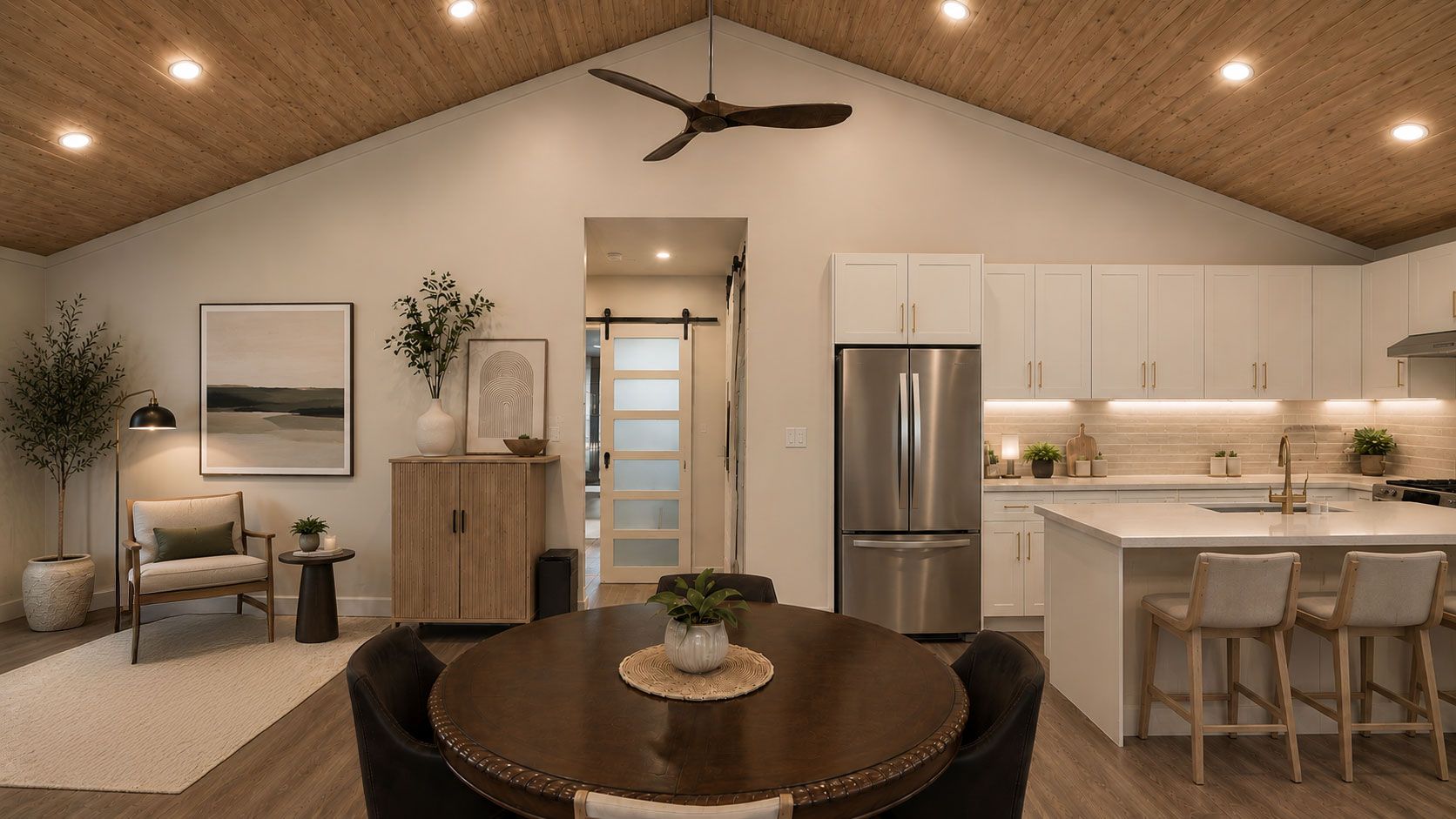 Kitchen in the Wood Lily energy efficient home with a white quartz island, bar seating, wood cabinets and stainless appliances