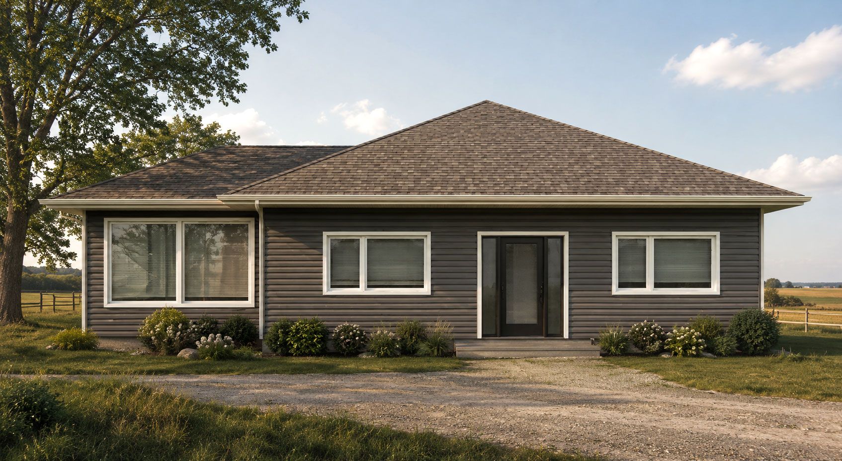 Wood Lily prefab home in winter with cream lap siding, timber covered porch and pergola, snow-covered roof against a clear blue sky