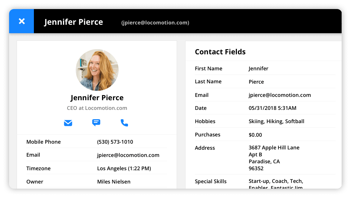 A screenshot of a Contact Record displayed in Quick View in the Ontraport app