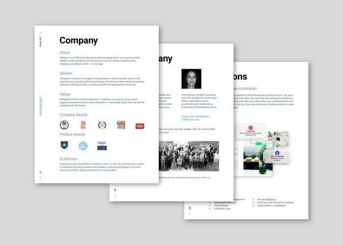 Page examples from Ontraport's Press Kit