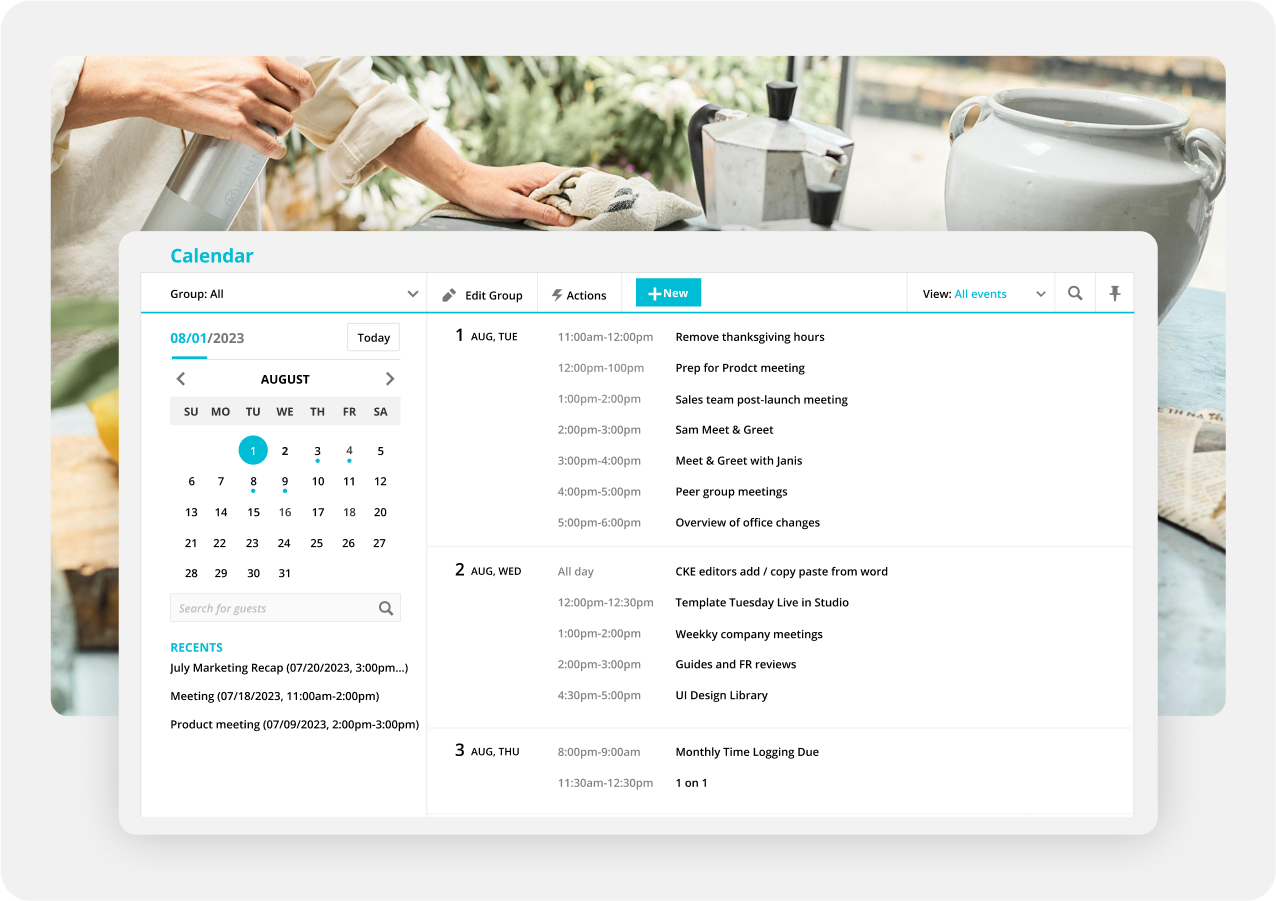 Screenshot of the Calendar feature in Ontraport overlayed on top of people sitting at a table smiling. 