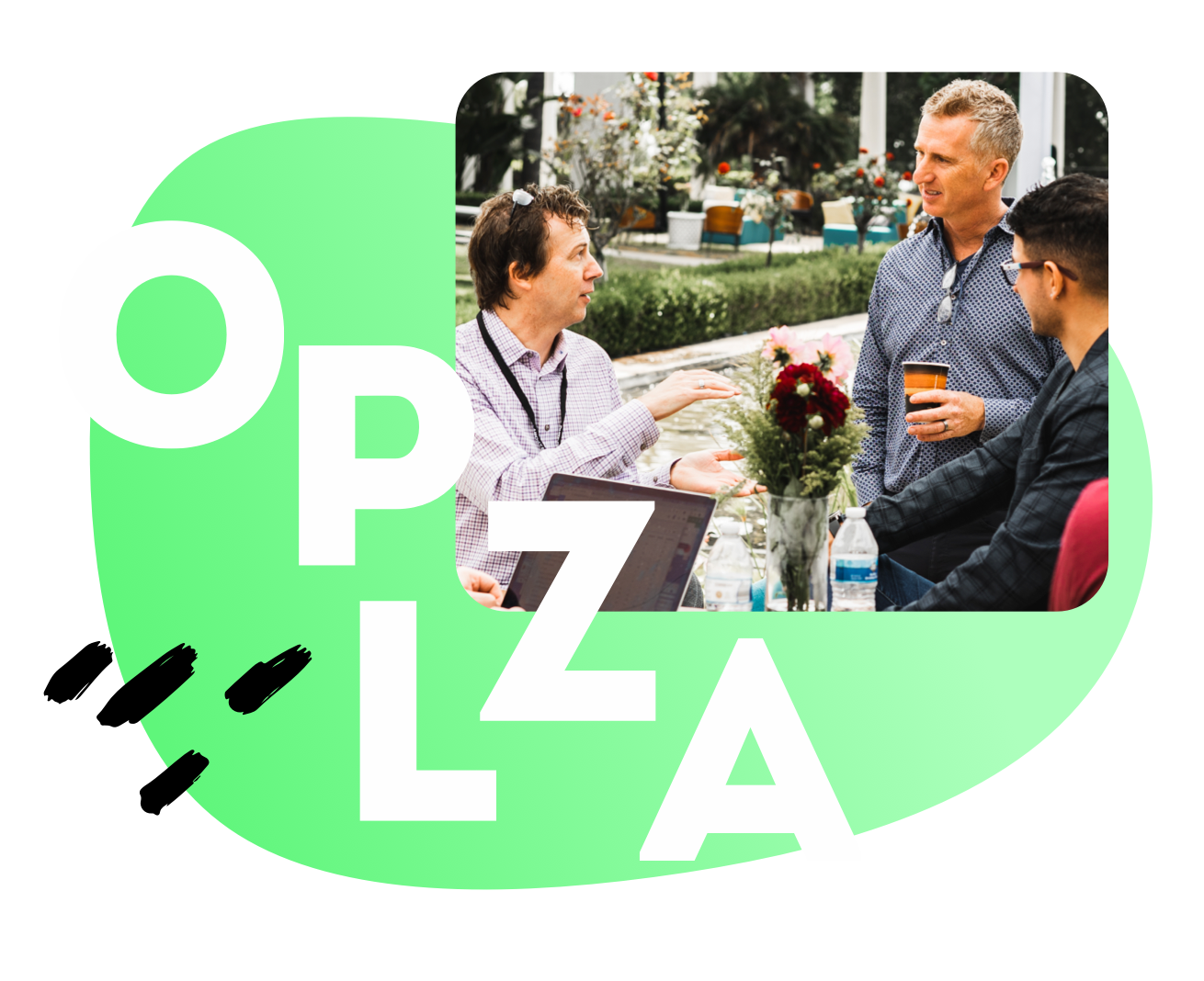 Icon of three people having a discussions around a small table.