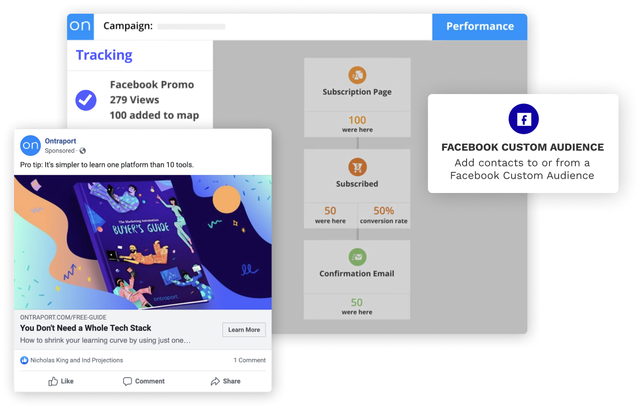 A screenshot of the landing pages collection in the Ontraport app, and a chat window with Ontraport Support
