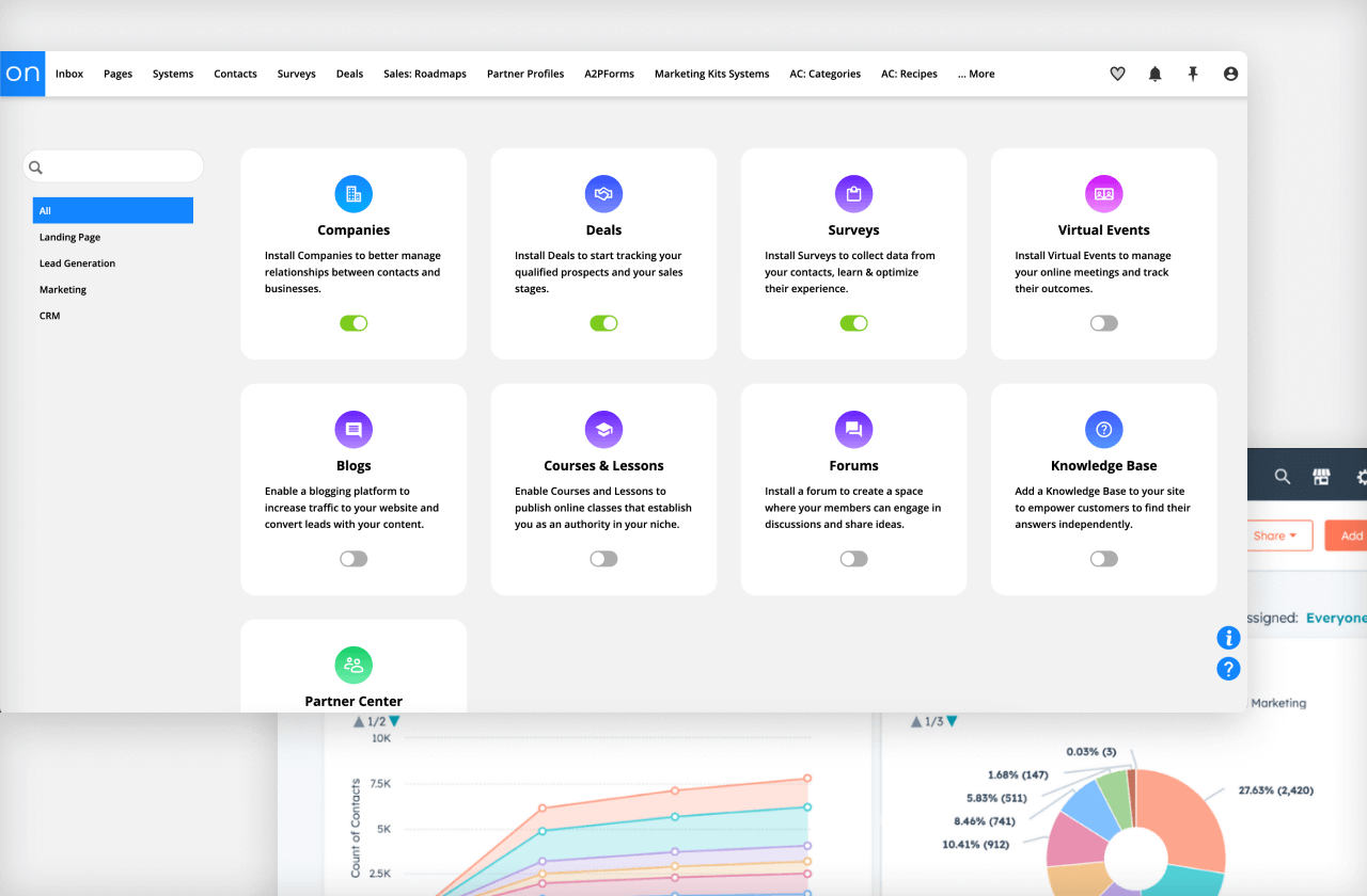 An image of systems that you can enable inside of your Ontraport account