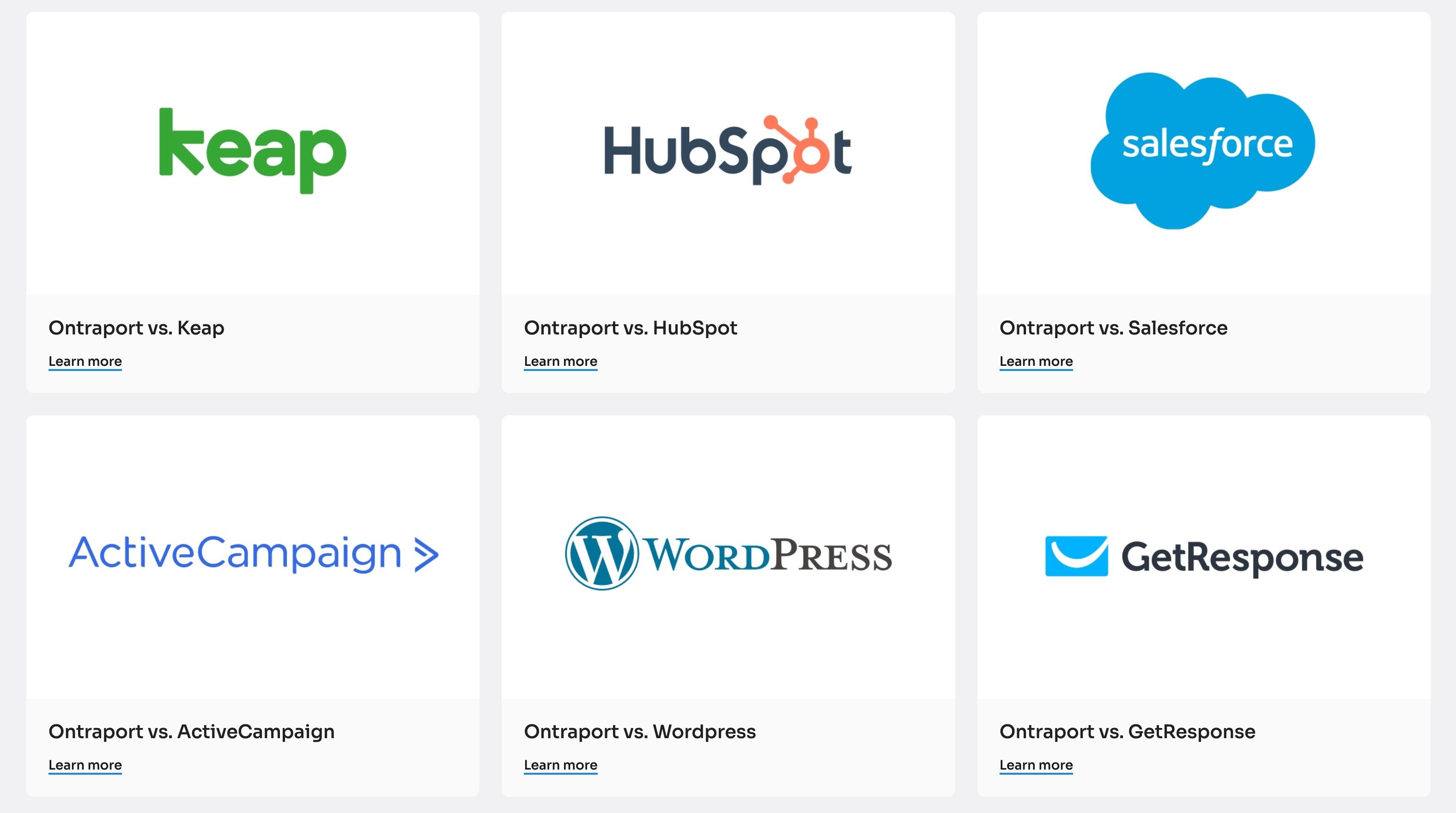 Ontraport compared with Keap, HubSpot, Salesforce, ActiveCampaign, WordPress and GetResponse