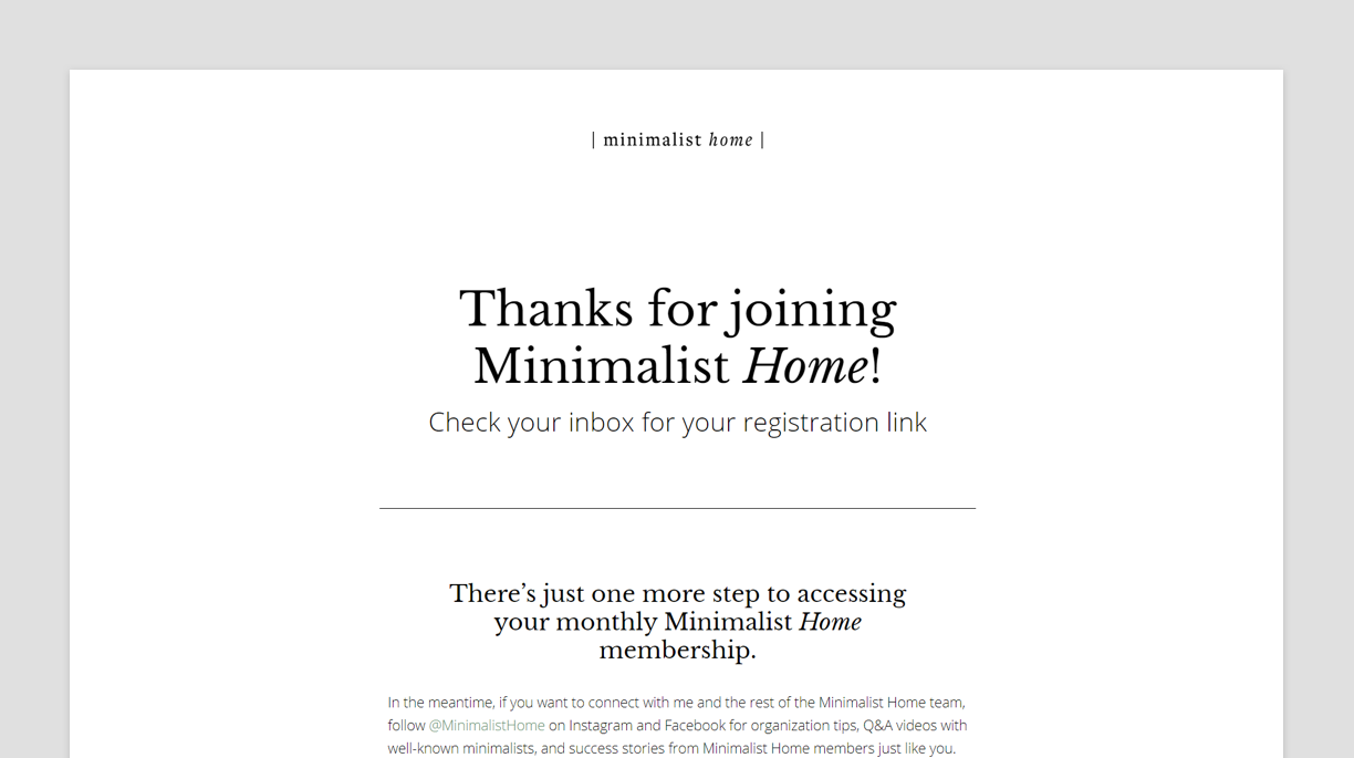 A screenshot of the Subscription Thank You Landing Page