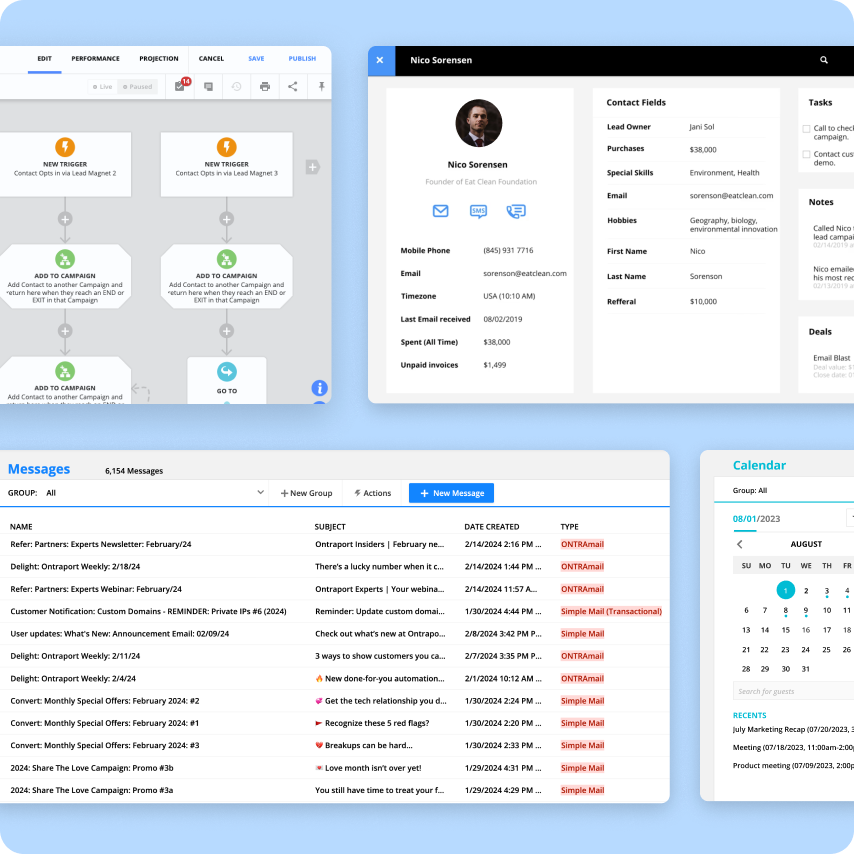 A screenshot of the Messages collection and email builder in the Ontraport app
