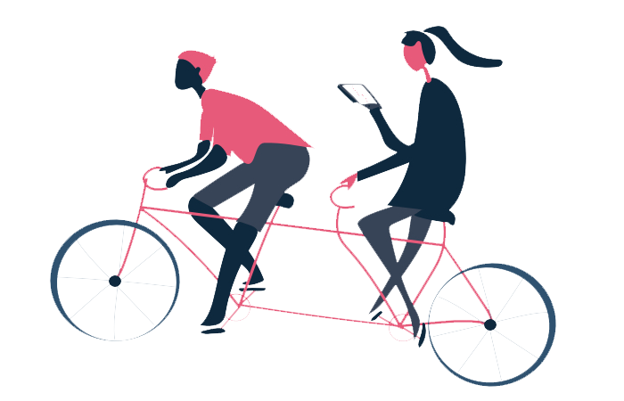 Two people riding a tandem bike while one reads on a tablet