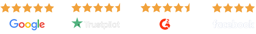 Star reviews from: Google 5 stars, Trustpilot 4.5 stars, G2Crowd 4.5 stars, Facebook 4 stars