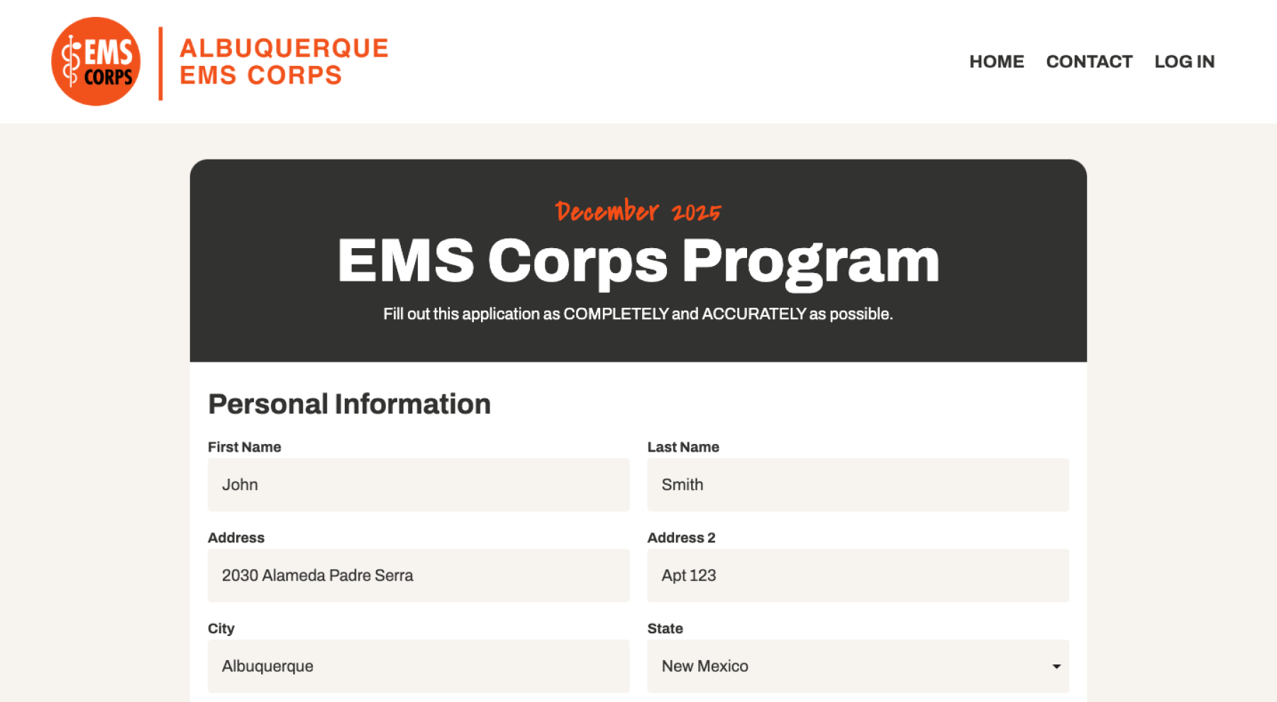 An image of EMS Corps Program signup page