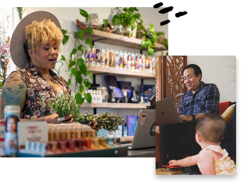 A woman in her shop and a man sitting on the couch on his laptop.