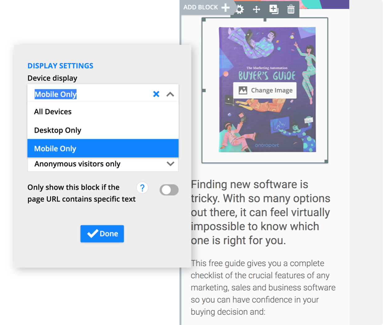 A screenshot of display options for mobile viewing of an Ontraport landing page