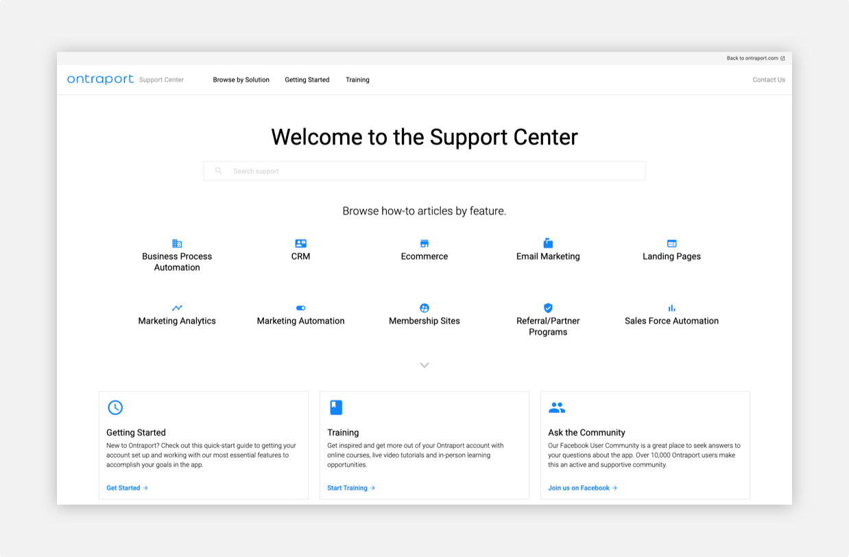 Screenshot of Ontraport's Support Center website