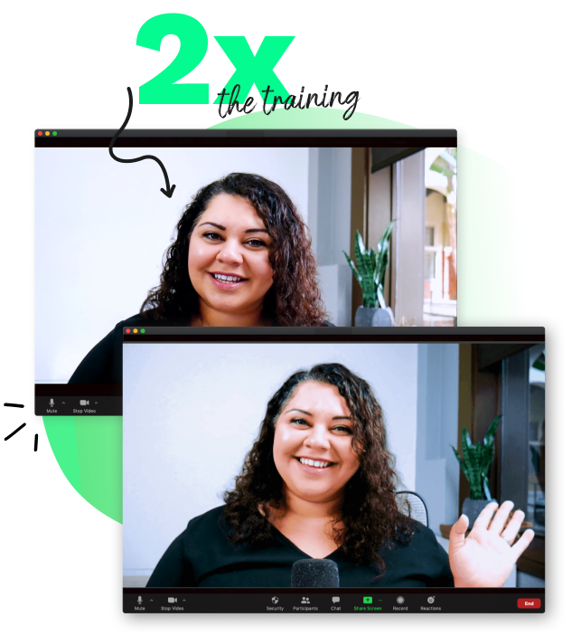 A zoom call showing a woman smiling.