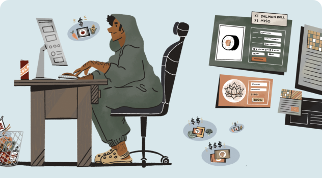 An image of a person sitting at a desk, looking at a computer, submitting an order form.