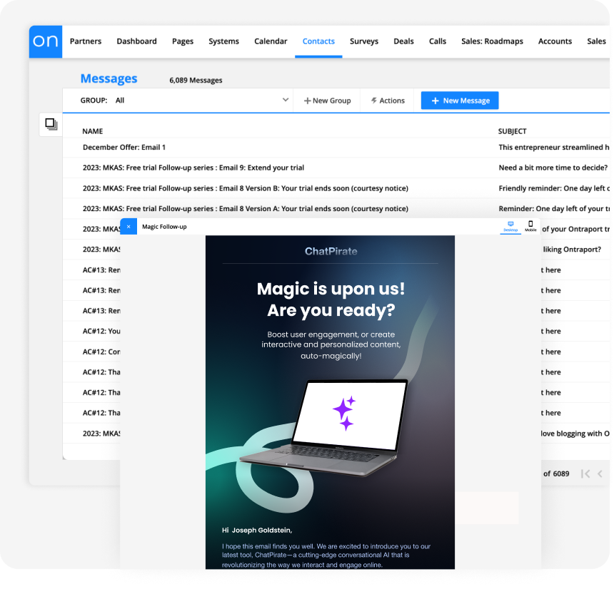 Screenshot of the Messages collection in the Ontraport app.