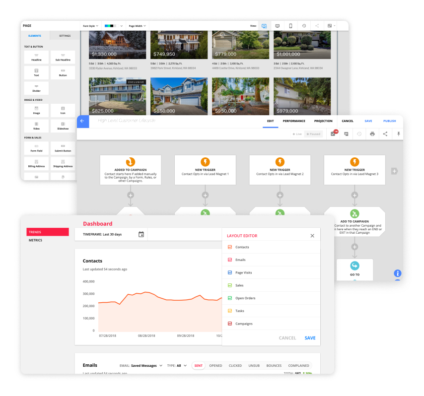 Screenshots of features in the Ontraport app