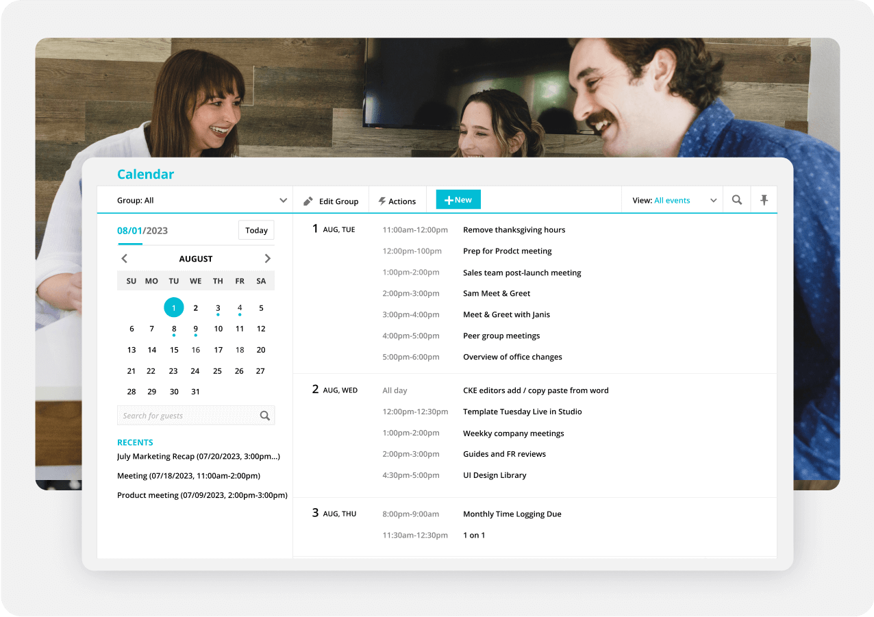 Screenshot of the Calendar feature in Ontraport overlayed on top of people sitting at a table smiling. 