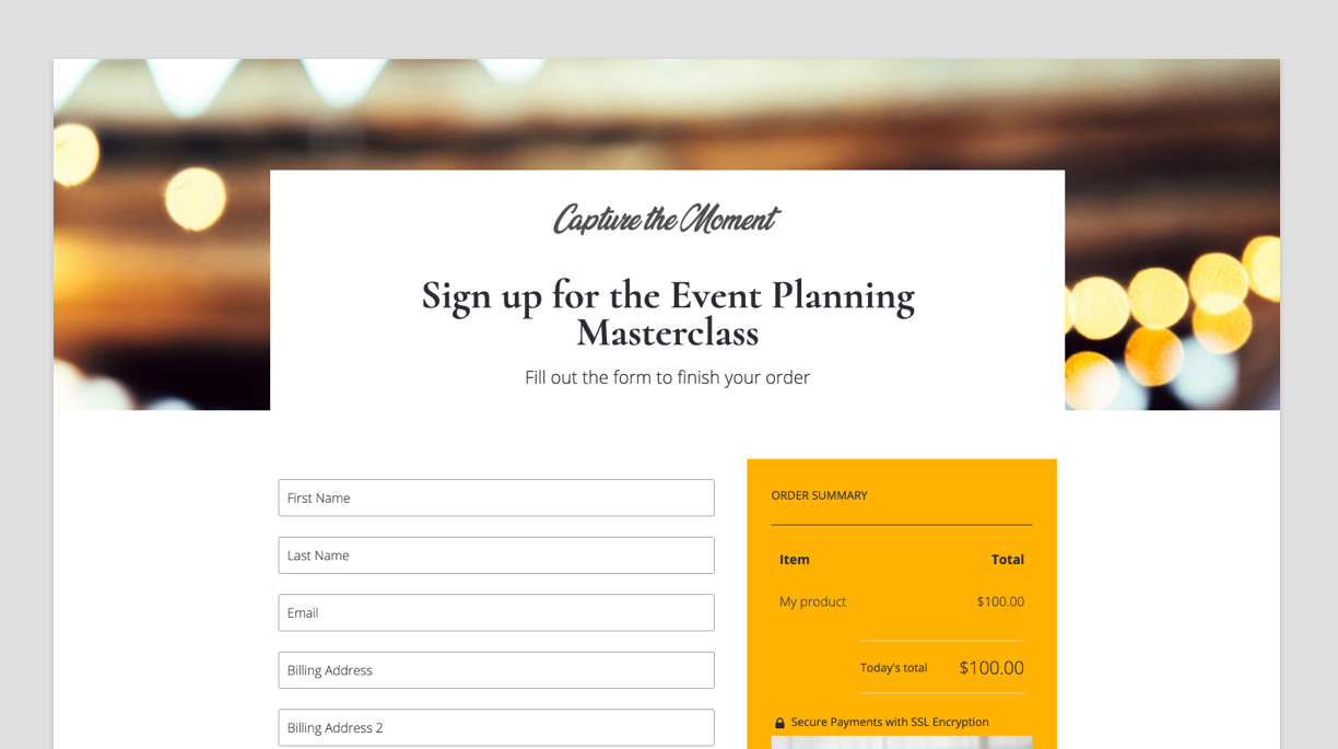 A screenshot of the Order Landing Page