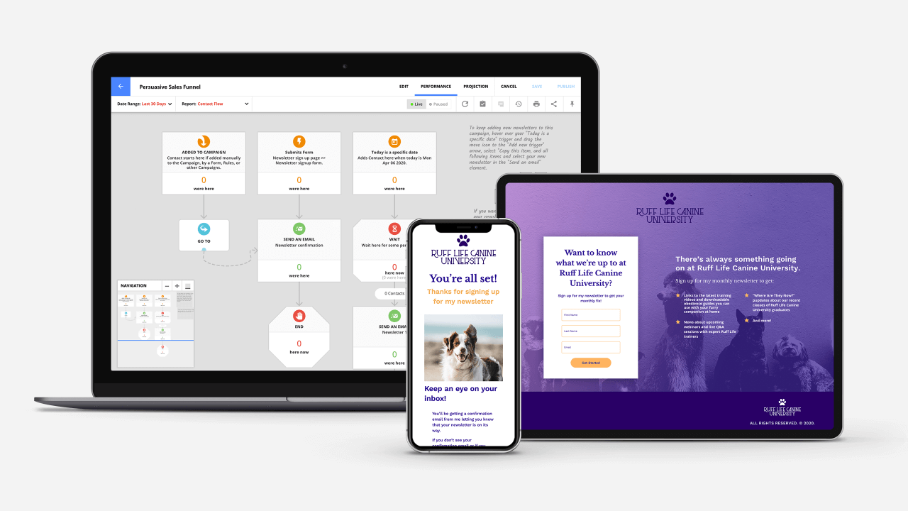 Ontraport's new Email Newsletter Opt-in and Delivery Wizard being displayed on laptop and tablet devices