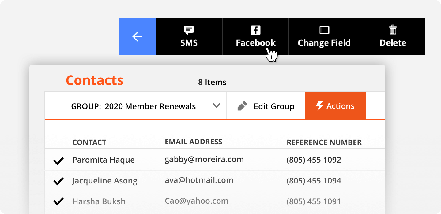 A screenshot of some of the actions that can be taken on Contacts in the Ontraport app