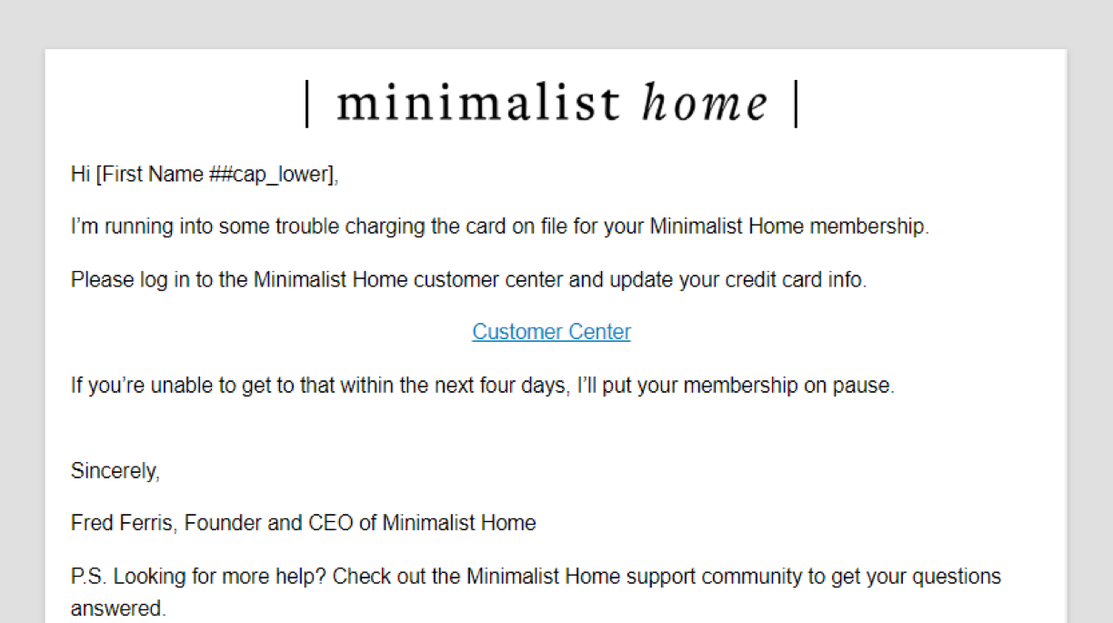 A screenshot of the Failed Subscription Payment #2 Email