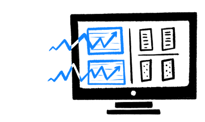 Icon of a computer monitor with trend charts displaying