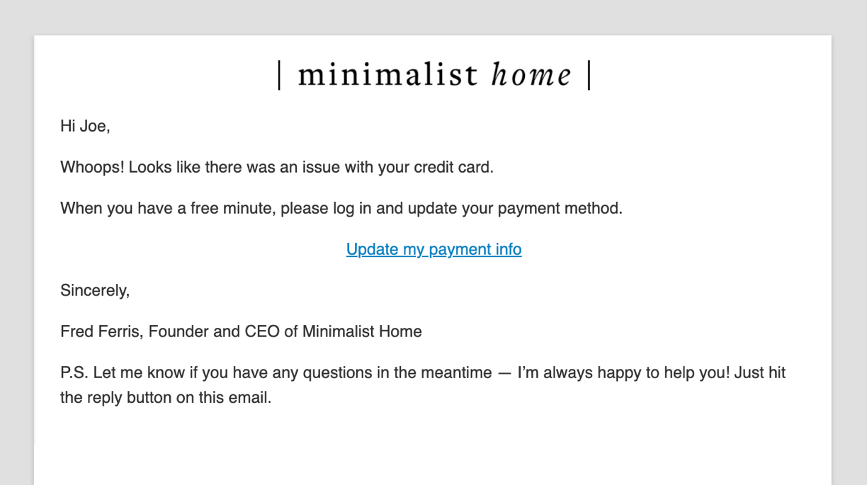 A screenshot of the Failed Subscription Payment #1 Email