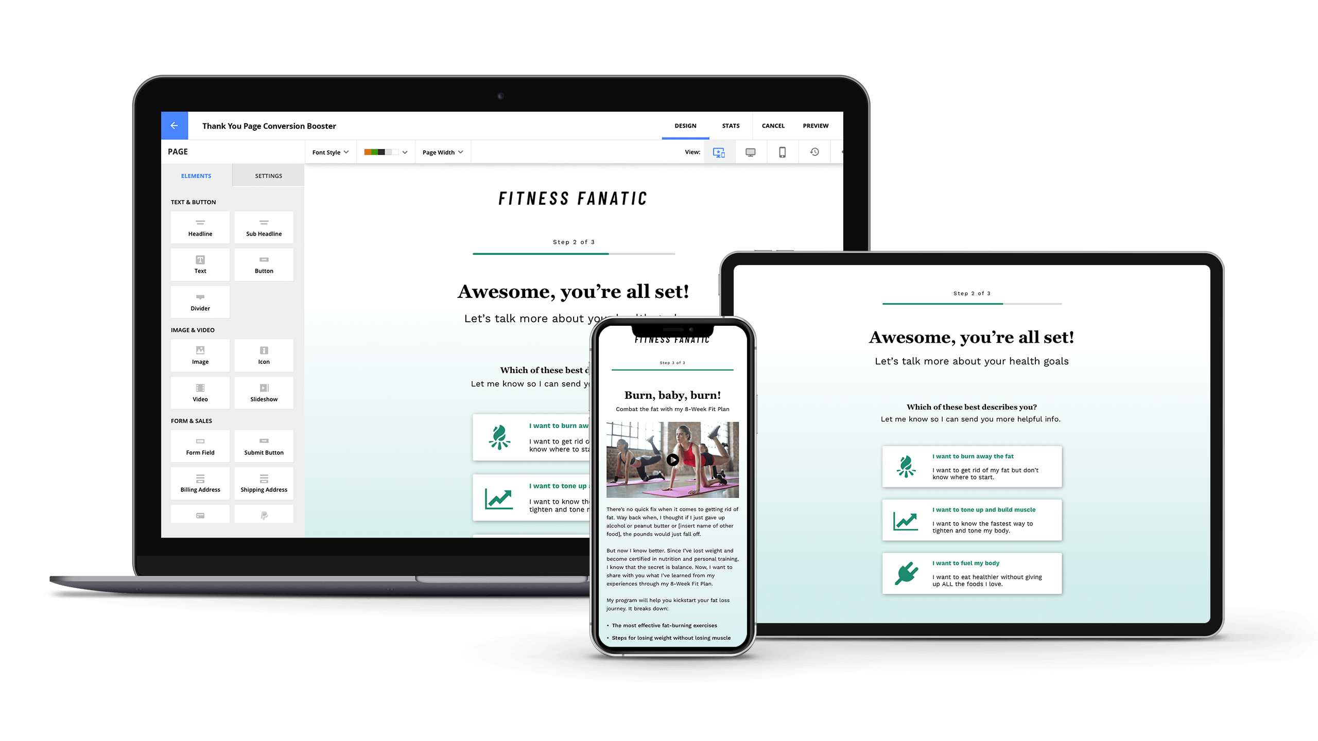 A laptop screen, mobile screen and tablet screen all showing the same Thank You page.