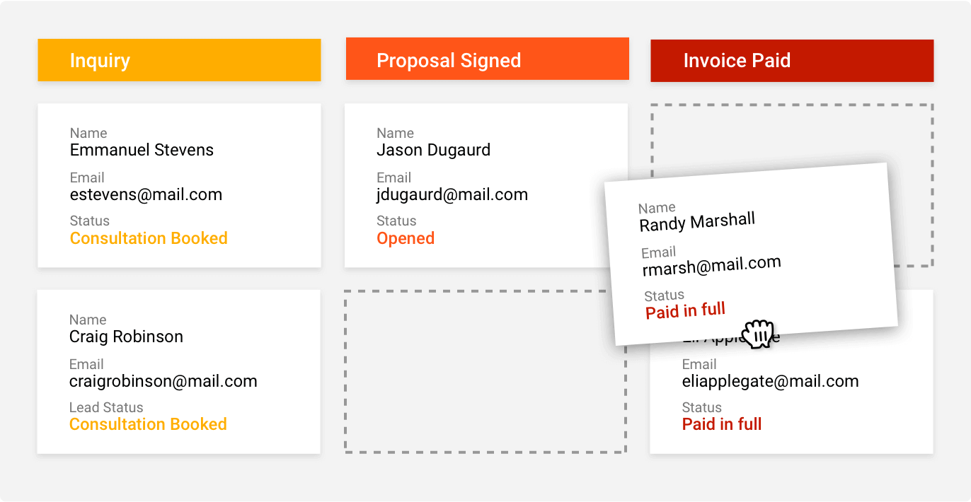 Screenshot of the drag and drop Card View feature in the Ontraport app