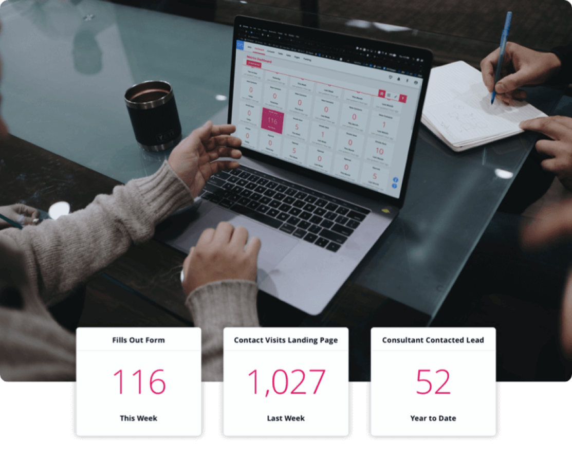An image of a person on a laptop looking over their Ontraport Dashboard Metrics