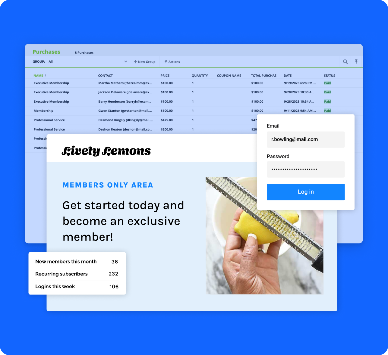 Image of a records collection in the Ontraport app and a page built with Ontraport