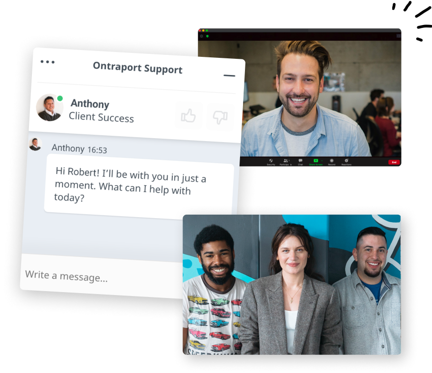 Three images of communication between a support team and a client