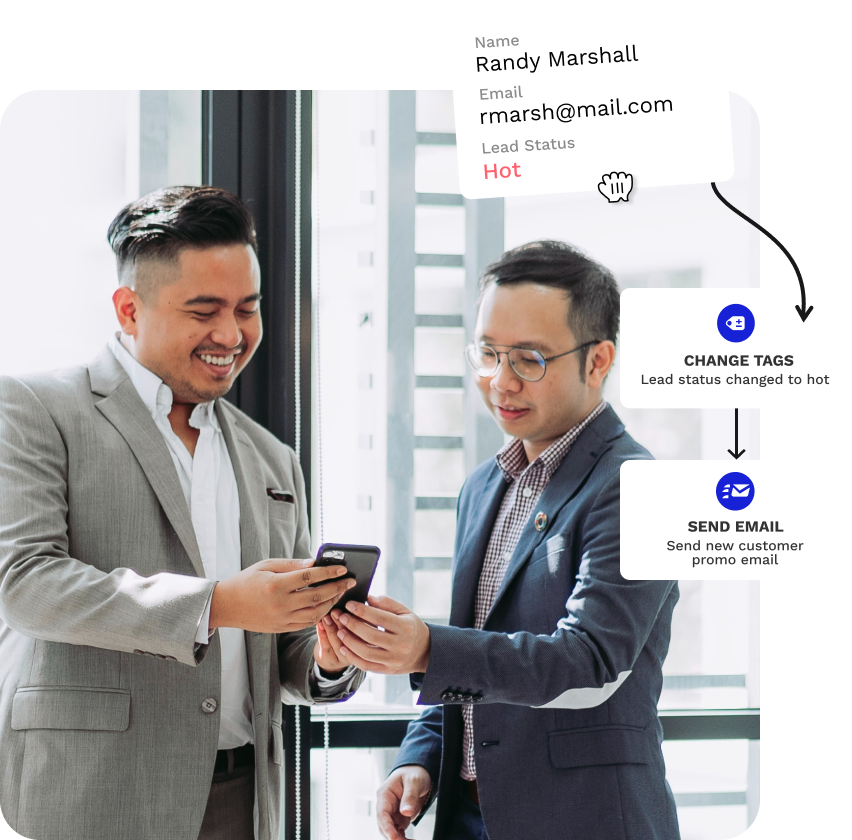 An image of two Ontraport users looking at a mobile phone